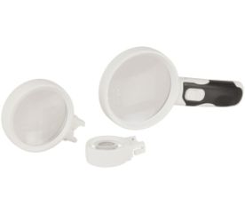 LED Handheld Magnifier with 3 Interchangeable Lenses-Clover Book Lite Pictured With a photograph Magnified on Screen Image 1-$28.00-6reviews-0 stars