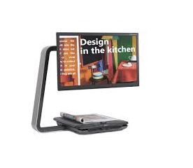 ClearView C24 WideView Desktop Magnifier-Topaz 24 inch Pictured With Reading Material and High Contrast Menu Displayed on Screen Image 1-$5,200.00-0reviews-0 stars