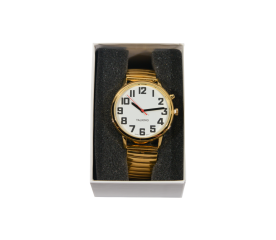 Talking Watch - 35mm Gold Face and Gold Stretchy Band-Front facing gold face watch with a stretchy gold band.-$131.00-3reviews-0 stars