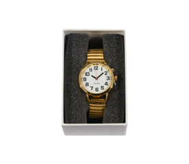 Talking Watch - 28mm Gold Face and Gold Stretchy Band-Talking Cube Clock Grey Image 1-$131.00-7reviews-0 stars