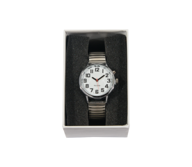 Talking Watch - 28mm Silver Face with Silver Stretchy Band-Front facing gold face watch with a stretchy gold band.-$131.00-1reviews-0 stars
